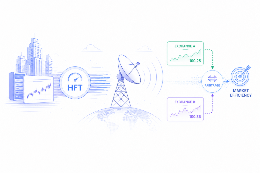 High-frequency trading and arbitrage: using high-speed links to close price spreads and maintain market efficiency.
