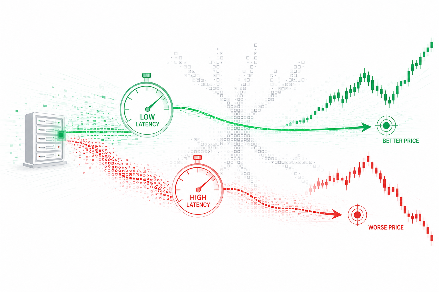 Queue dynamics: how low latency places orders at better prices, while high latency leads to adverse selection.