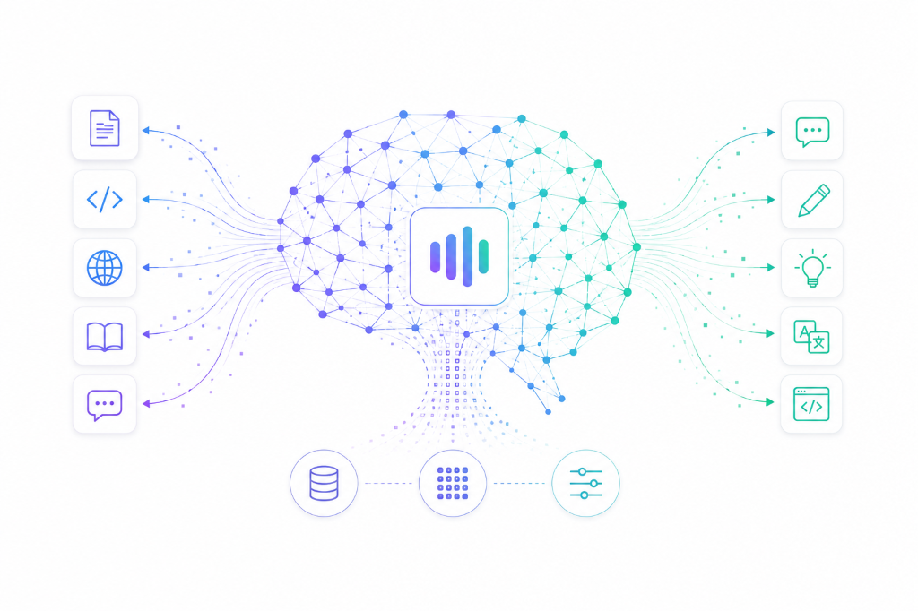 Anatomy of an LLM: mapping input tokens to vector spaces, routing through self-attention layers, and generating text output.