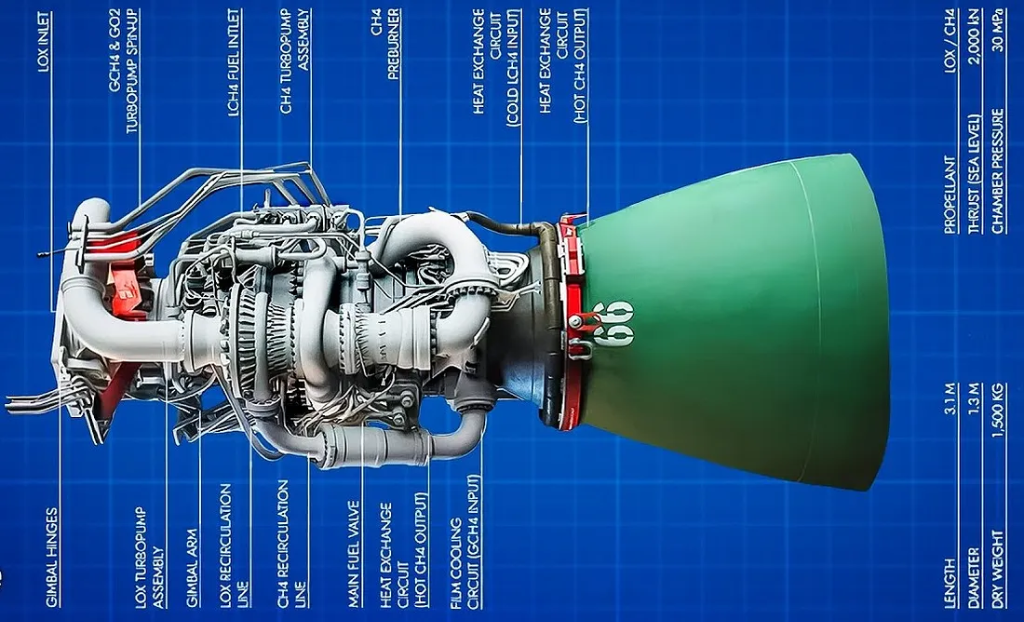 SpaceX Raptor engine blueprint: detailing the complex staged combustion plumbing and components.
